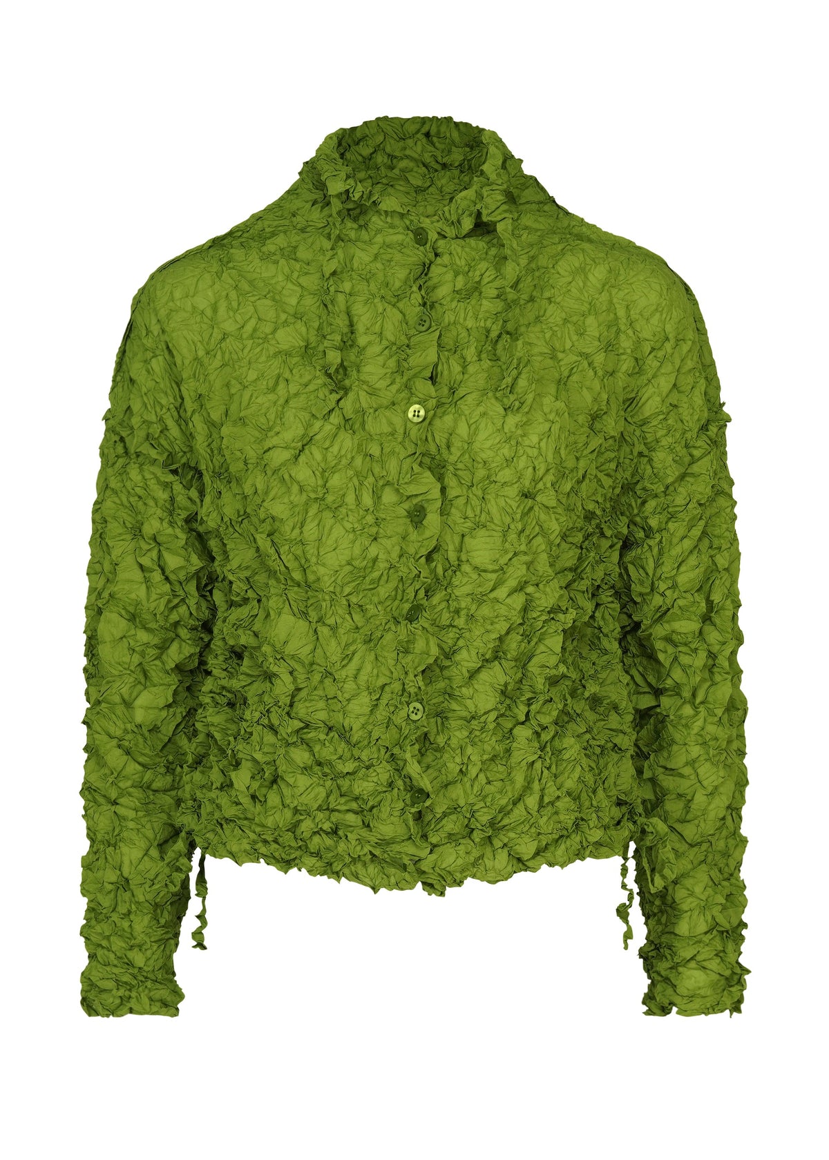 Zoomed view The MERINGUE TOP by me ISSEY MIYAKE is a bright green, long-sleeve blouse with a crushed pleat finish, button front, high collar, and textured wrinkled polyester material.