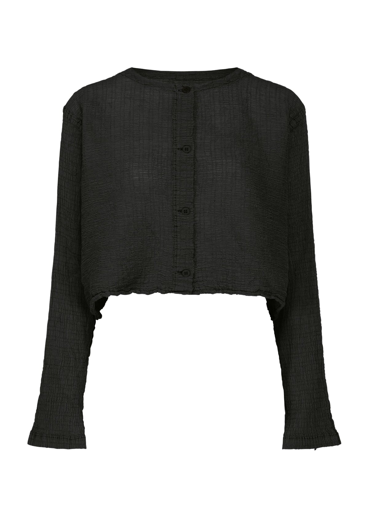 The POLYCOTTON CREPE by me ISSEY MIYAKE is a black, long-sleeve button-up cropped blouse in textured cotton-polyester with a round neckline and garment-dyed finish, shown on a white background. view 2 of 8