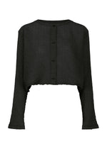 The POLYCOTTON CREPE by me ISSEY MIYAKE is a black, long-sleeve button-up cropped blouse in textured cotton-polyester with a round neckline and garment-dyed finish, shown on a white background. - BLACK （no.15）