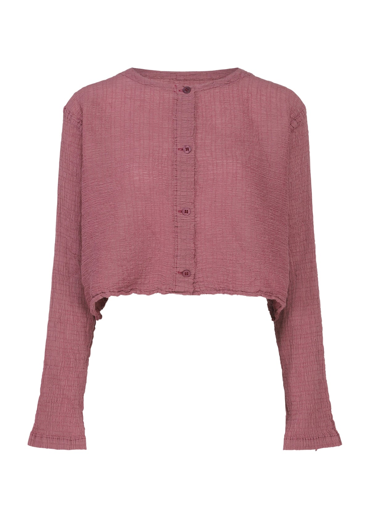 Zoomed view The POLYCOTTON CREPE by me ISSEY MIYAKE is a mauve, long-sleeve crop top with front buttons, a textured cotton-polyester blend, and an uneven raw hemline. - SMOKY PINK （no.21）