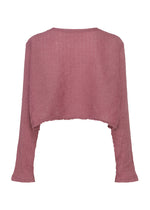 The POLYCOTTON CREPE by me ISSEY MIYAKE is a mauve, long-sleeved, cropped knit top in textured cotton-polyester, shown from the back on a white background.