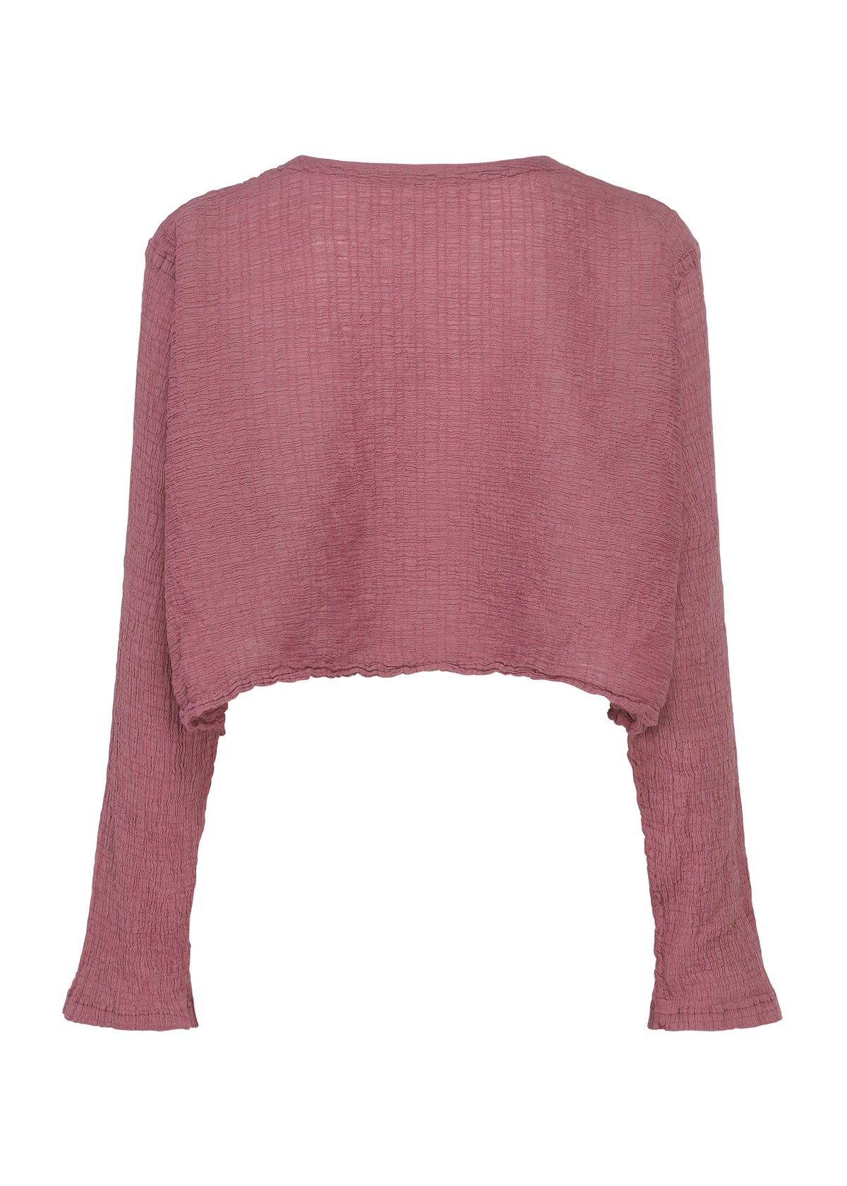 Zoomed view The POLYCOTTON CREPE by me ISSEY MIYAKE is a mauve, long-sleeved, cropped knit top in textured cotton-polyester, shown from the back on a white background.