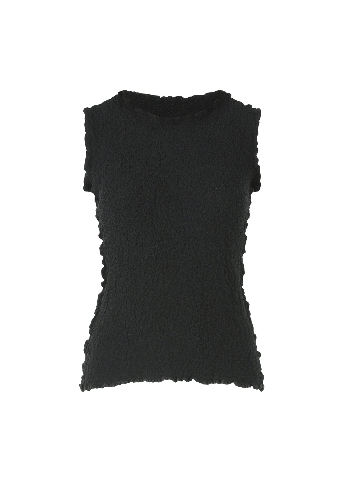 A fitted, sleeveless black top from me ISSEY MIYAKE’s CAULIFLOWER collection, featuring signature textured fabric and ruffled trim along the armholes, neckline, and hem, shown against a plain white background. view 2 of 7