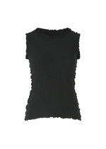 A fitted, sleeveless black top from me ISSEY MIYAKE’s CAULIFLOWER collection, featuring signature textured fabric and ruffled trim along the armholes, neckline, and hem, shown against a plain white background.