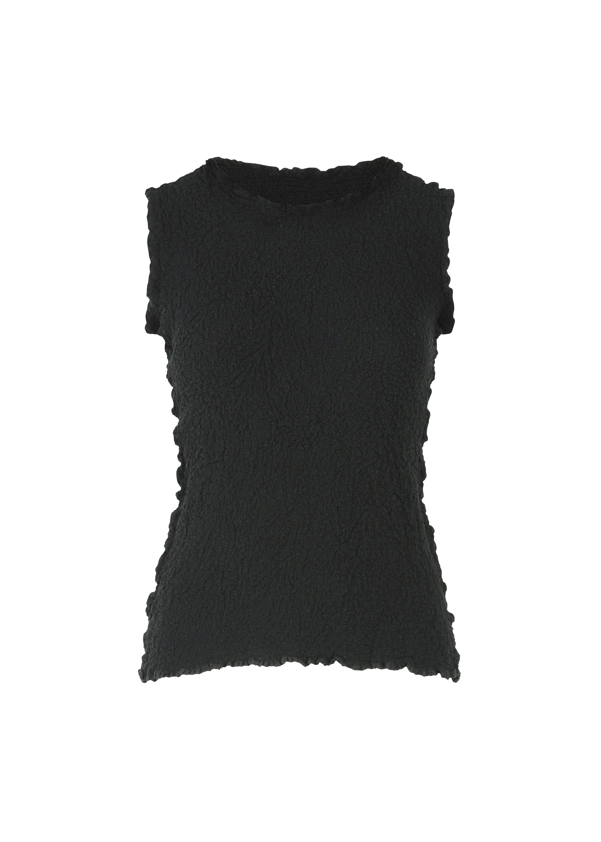Zoomed view A fitted, sleeveless black top from me ISSEY MIYAKE’s CAULIFLOWER collection, featuring signature textured fabric and ruffled trim along the armholes, neckline, and hem, shown against a plain white background.