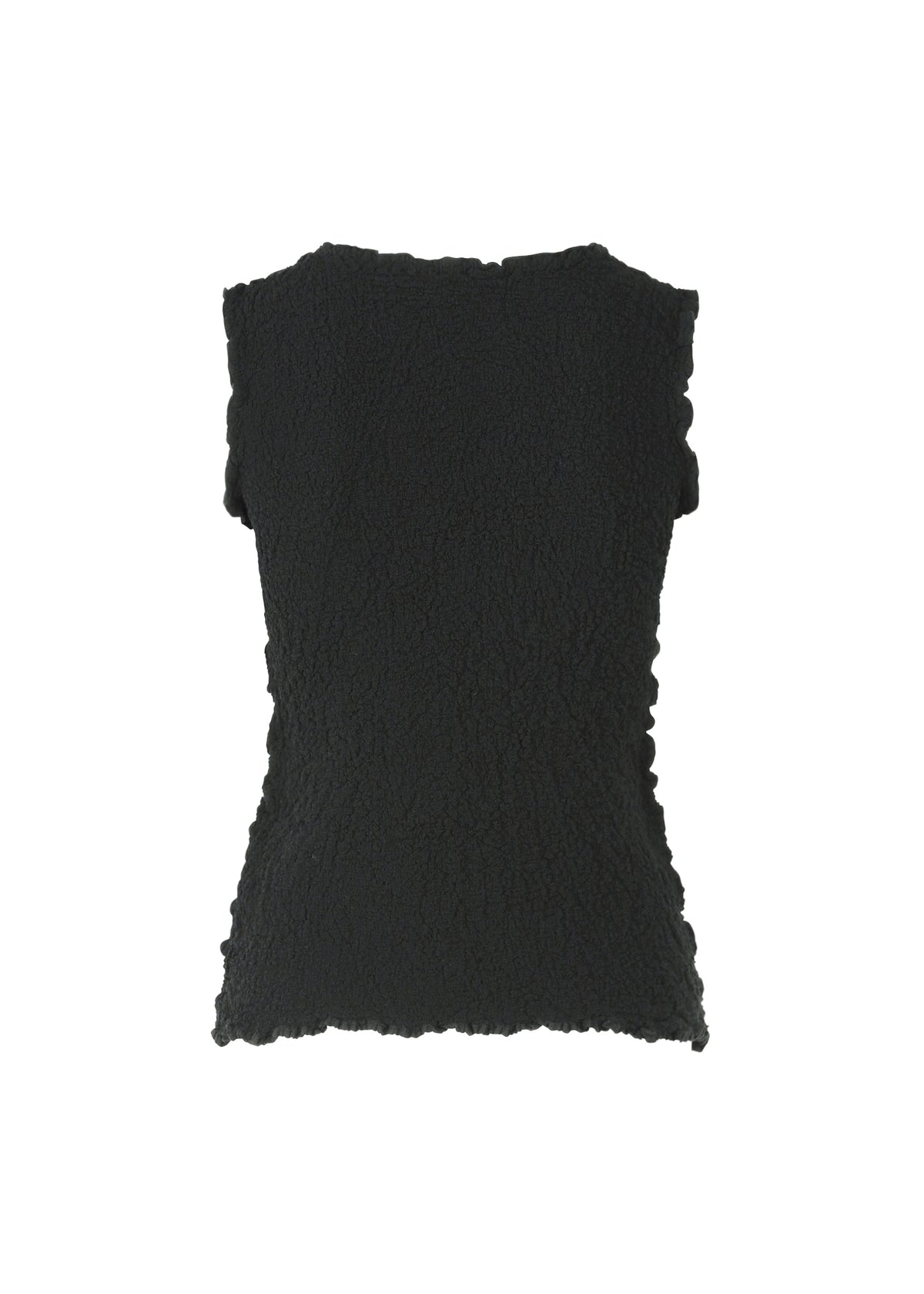 A black, sleeveless CAULIFLOWER top by me ISSEY MIYAKE is displayed from the back against a white background. The crinkled fabric recalls textured cotton, and the hem, armholes, and neckline all feature subtly wavy edges. view 3 of 7