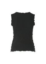 A black, sleeveless CAULIFLOWER top by me ISSEY MIYAKE is displayed from the back against a white background. The crinkled fabric recalls textured cotton, and the hem, armholes, and neckline all feature subtly wavy edges.