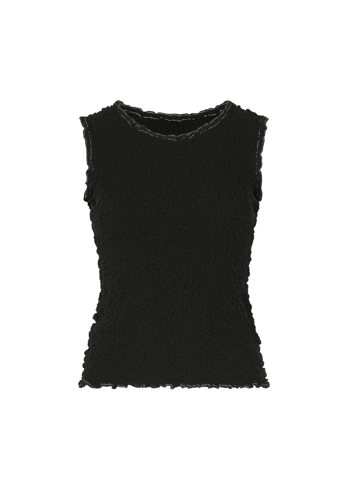 The CAULIFLOWER COLOR 1 by me ISSEY MIYAKE is a sleeveless black textured top with a fitted silhouette, subtle ruffled edges, color stitching accents, and crafted from comfortable cotton on a plain white background. view 1 of 7