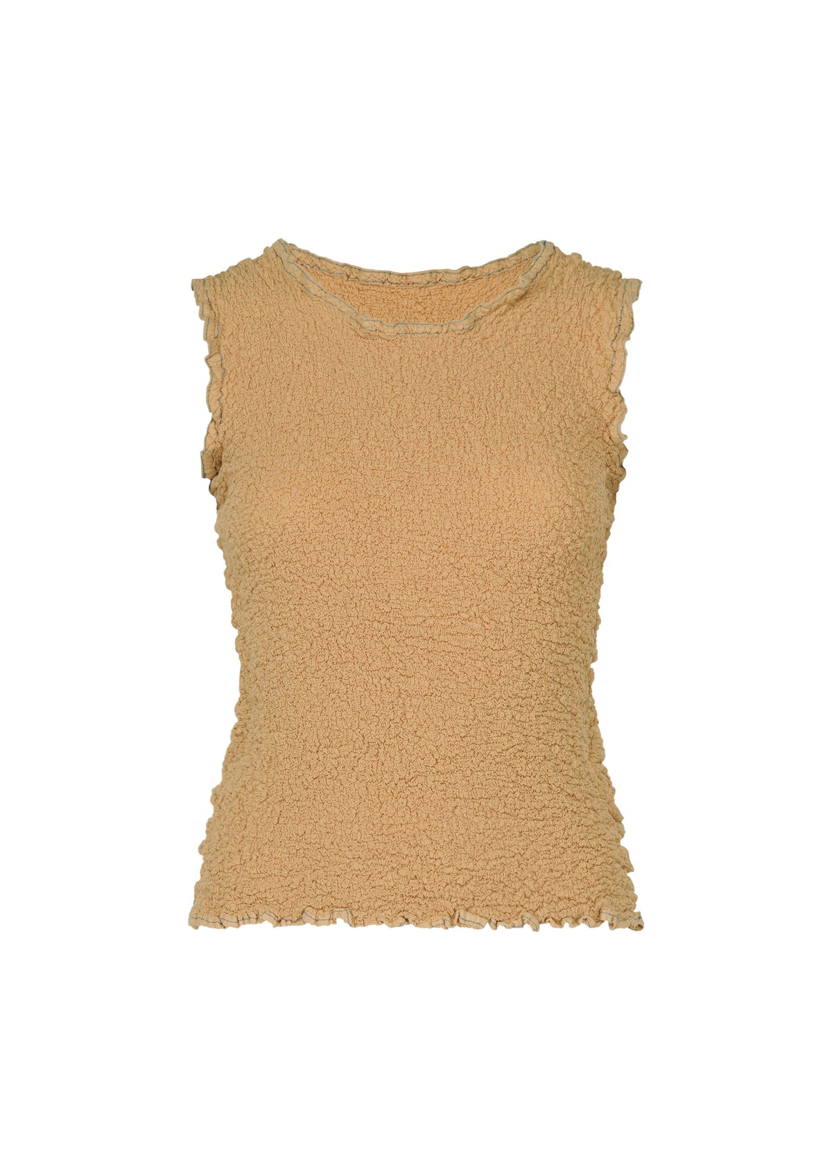 CAULIFLOWER COLOR 1 by me ISSEY MIYAKE is a sleeveless, textured beige cotton top with color stitching and gently ruffled neckline, armholes, and hem, shown against a white background for effortless comfort. view 2 of 7