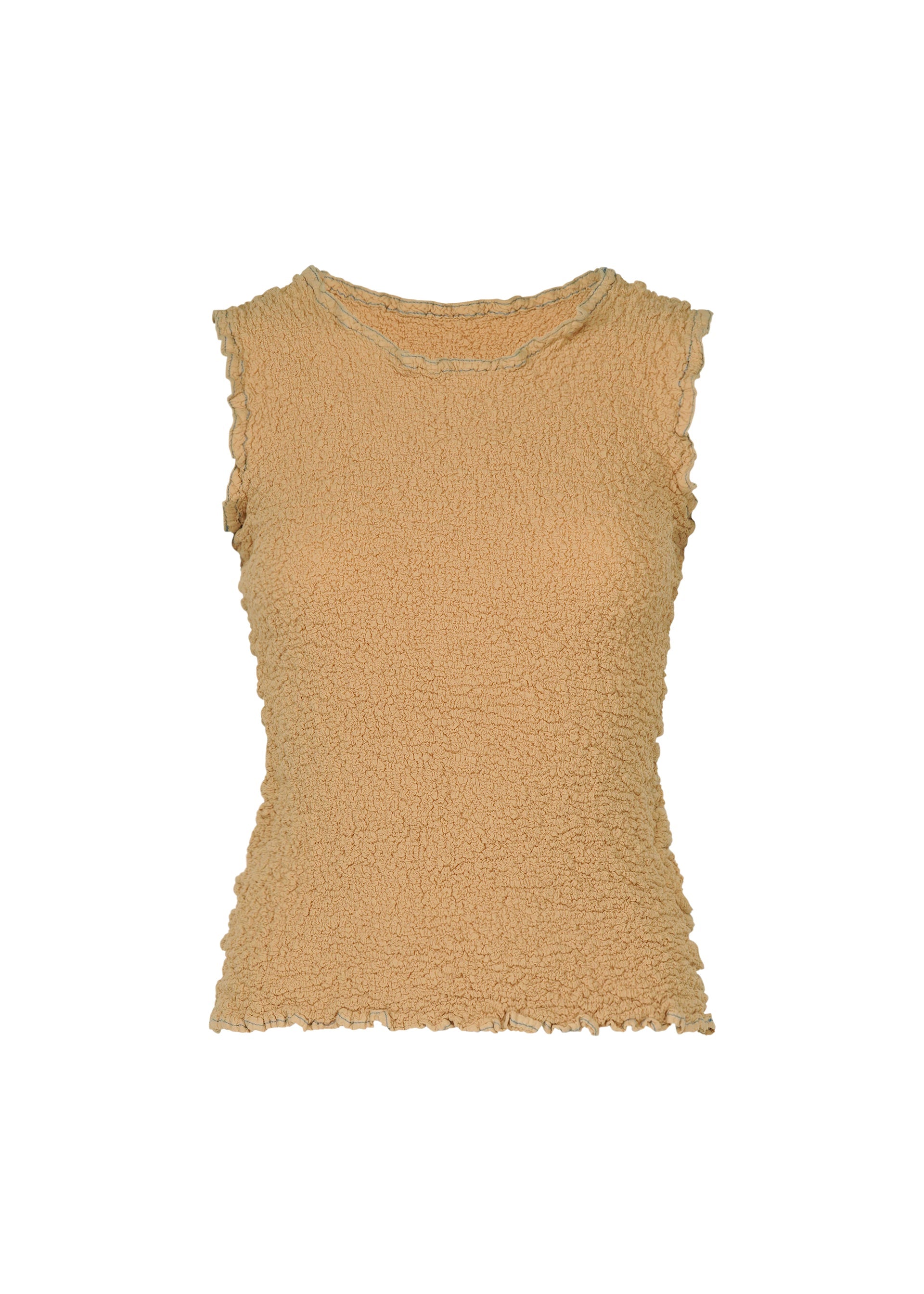 Zoomed view CAULIFLOWER COLOR 1 by me ISSEY MIYAKE is a sleeveless, textured beige cotton top with color stitching and gently ruffled neckline, armholes, and hem, shown against a white background for effortless comfort. - CAMEL （no.43）