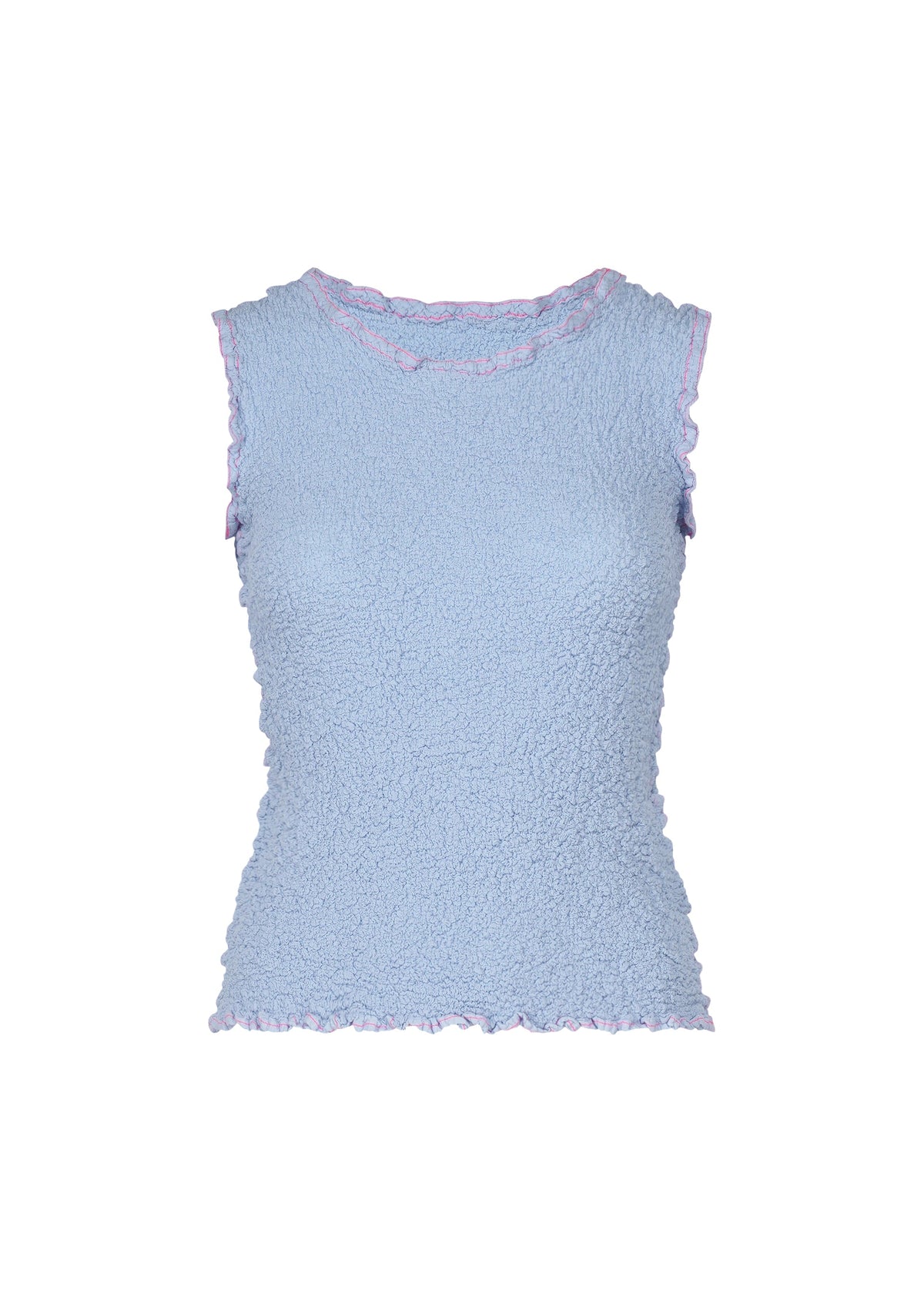 The CAULIFLOWER COLOR 1 by me ISSEY MIYAKE is a sleeveless, light blue textured cotton top featuring a fitted shape and wavy pastel pink-stitched trim at the collar, armholes, and hem, displayed on a plain white background. view 3 of 7