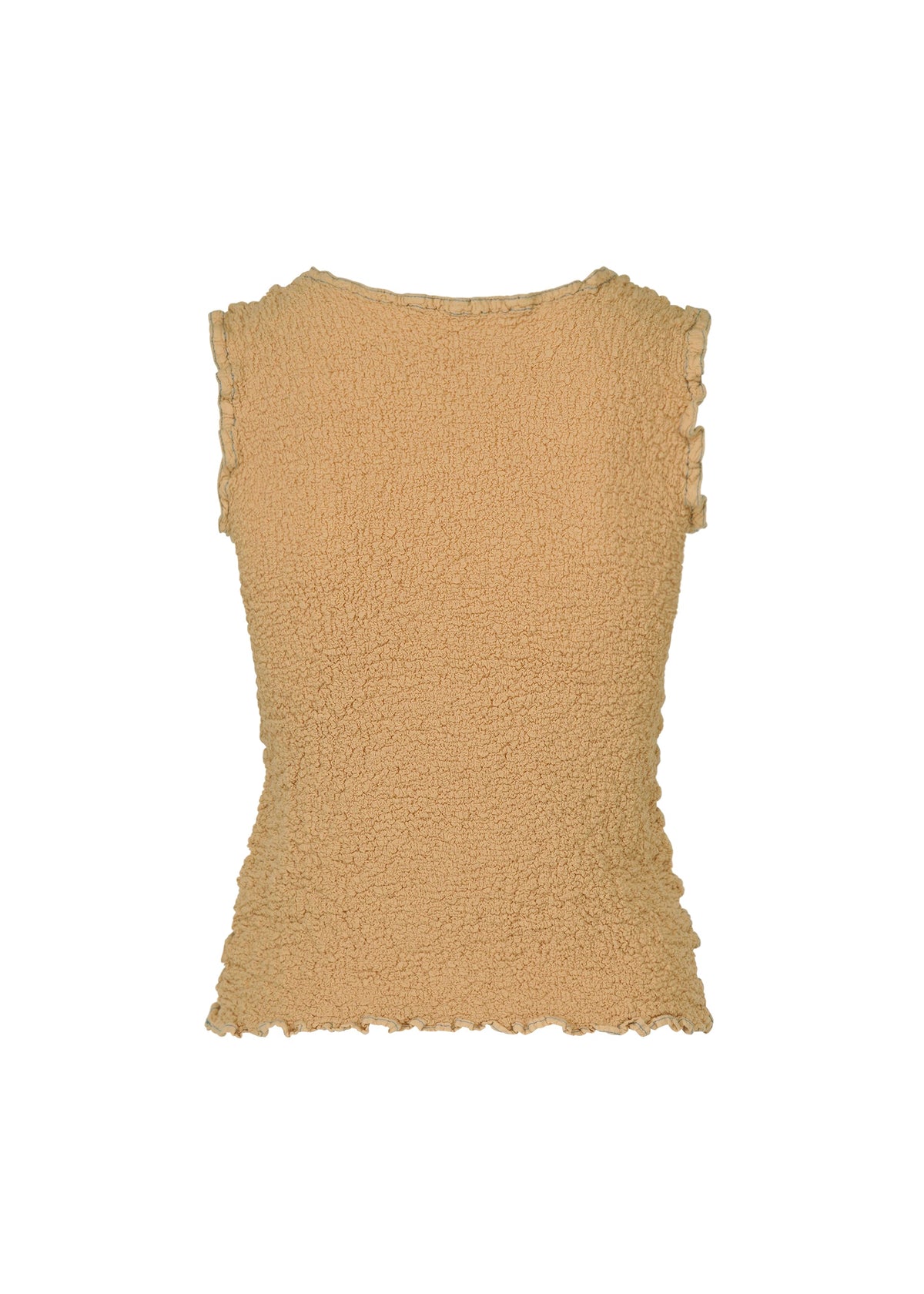 The CAULIFLOWER COLOR 1 sleeveless top by me ISSEY MIYAKE features textured beige fabric, color stitching accents, and a subtly ruffled hem and edges, displayed against a white background. view 4 of 7