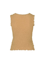 The CAULIFLOWER COLOR 1 sleeveless top by me ISSEY MIYAKE features textured beige fabric, color stitching accents, and a subtly ruffled hem and edges, displayed against a white background.