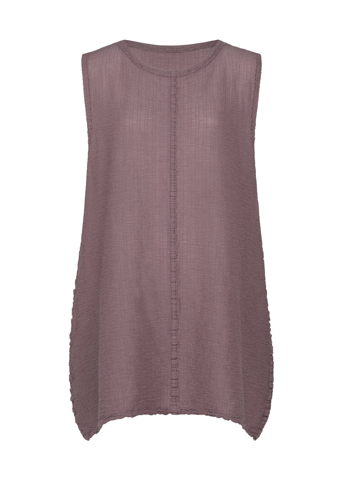 Sleeveless, loose-fit mauve POLYCOTTON CREPE by me ISSEY MIYAKE featuring textured cotton-polyester fabric, rounded neckline, and curved hem. Shown on a white background. view 1 of 8