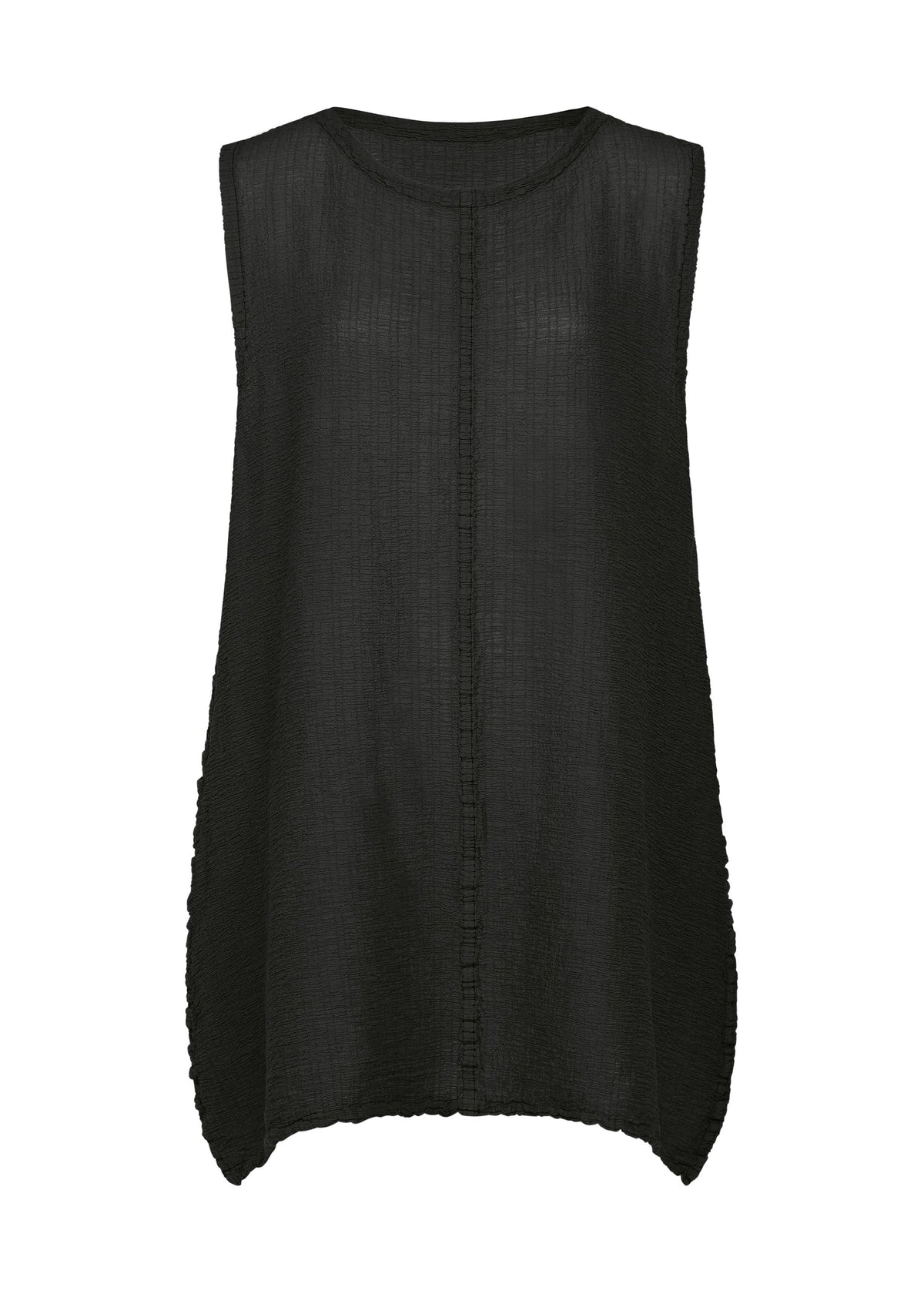 Zoomed view Sleeveless, loose black POLYCOTTON CREPE tunic by me ISSEY MIYAKE with a subtle vertical texture and rounded hem, shown against a white background. - BLACK （no.15）