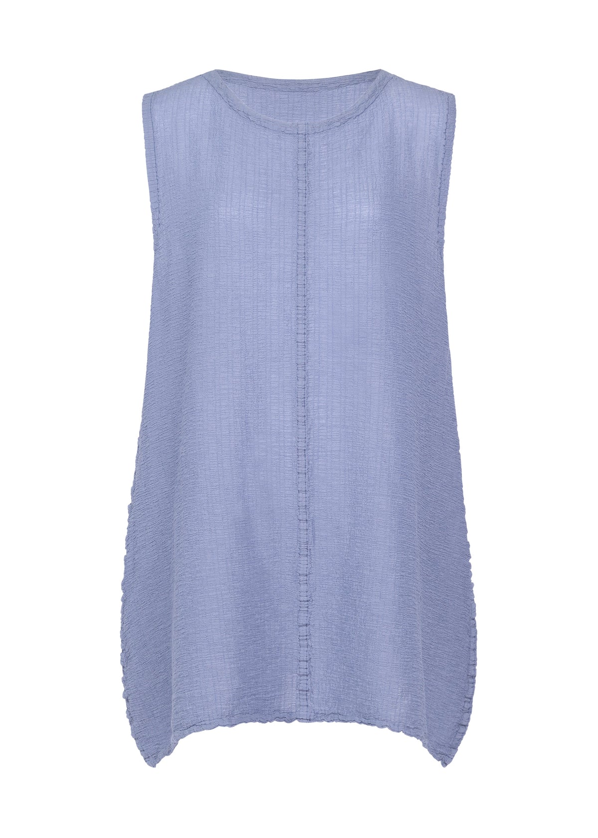 Sleeveless light blue POLYCOTTON CREPE tunic by me ISSEY MIYAKE, featuring a round neckline and subtle vertical seam details, shown on a white background. view 4 of 8