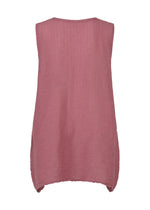 The me ISSEY MIYAKE POLYCOTTON CREPE is a sleeveless, loose-fit mauve tunic in textured cotton-poly blend, shown from the back with a subtly curved hem and minimal detail against a white background.