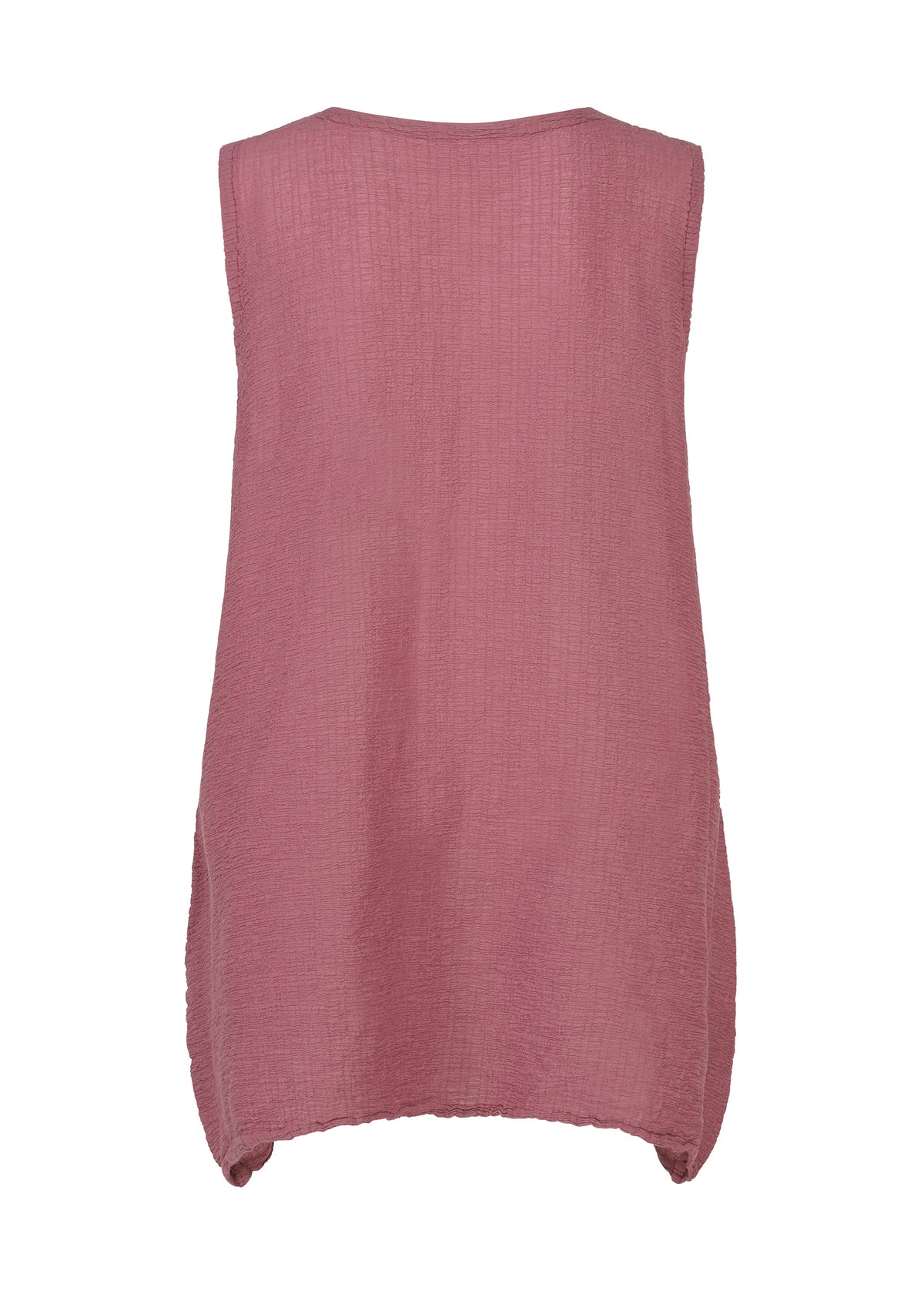 Zoomed view The me ISSEY MIYAKE POLYCOTTON CREPE is a sleeveless, loose-fit mauve tunic in textured cotton-poly blend, shown from the back with a subtly curved hem and minimal detail against a white background.