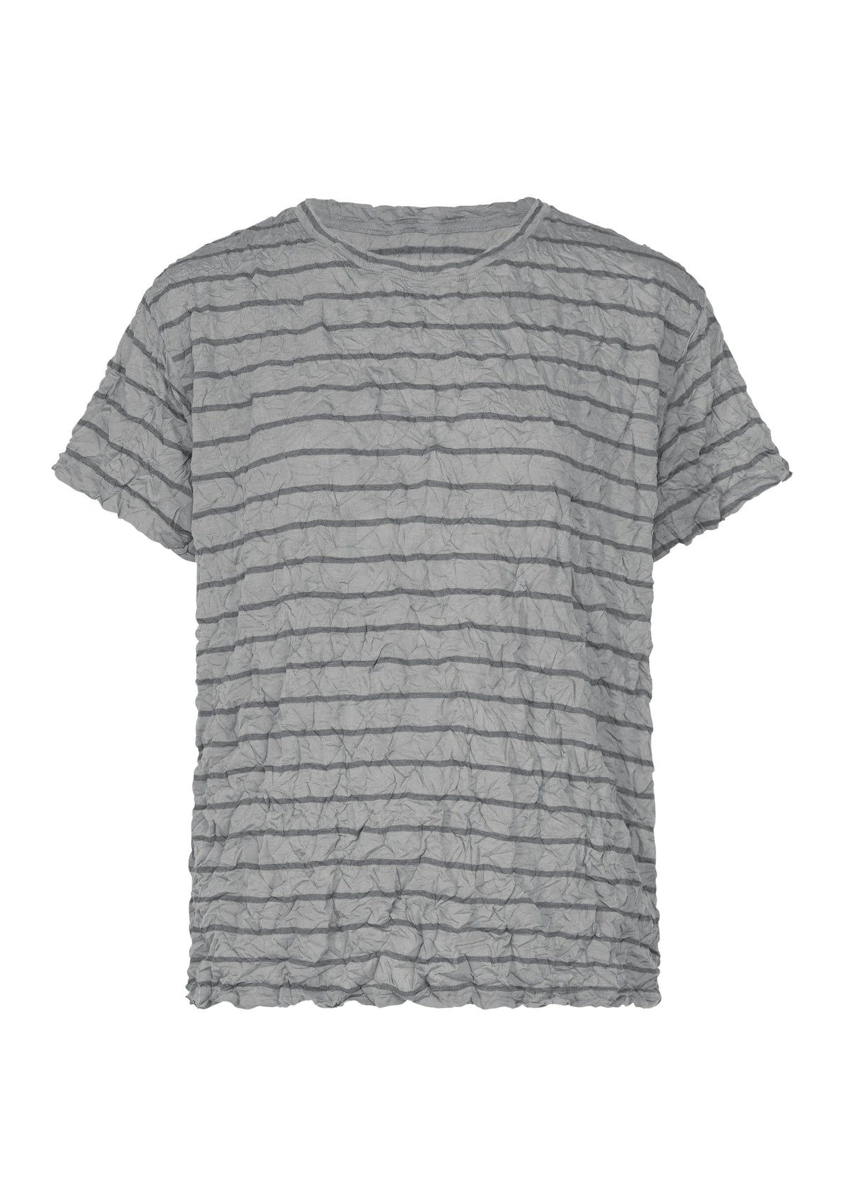 The STRIPE MERINGUE T-SHIRT by me ISSEY MIYAKE is a short-sleeved, light gray round-neck top made from polyester jersey with a crinkled, crushed texture and thin dark horizontal stripes, displayed against a plain white background. view 1 of 7