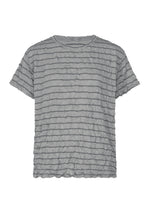 The STRIPE MERINGUE T-SHIRT by me ISSEY MIYAKE is a short-sleeved, light gray round-neck top made from polyester jersey with a crinkled, crushed texture and thin dark horizontal stripes, displayed against a plain white background. - GRAY-HUED （no.17）