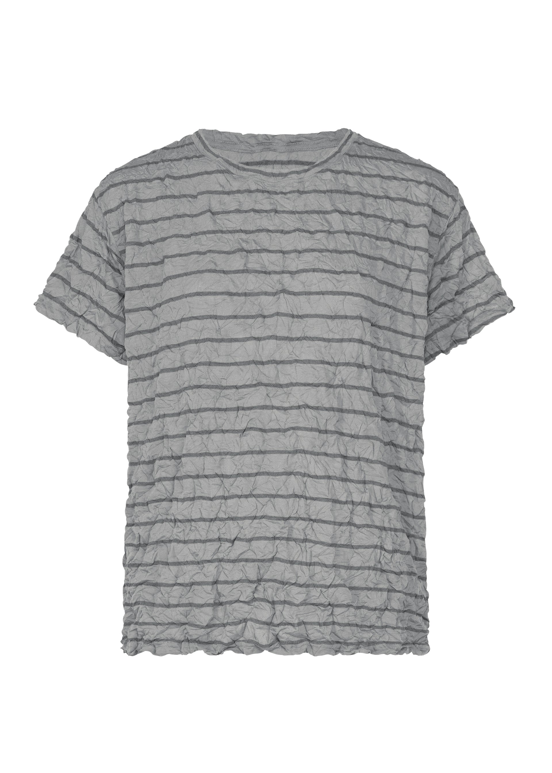 Zoomed view The STRIPE MERINGUE T-SHIRT by me ISSEY MIYAKE is a short-sleeved, light gray round-neck top made from polyester jersey with a crinkled, crushed texture and thin dark horizontal stripes, displayed against a plain white background. - GRAY-HUED （no.17）