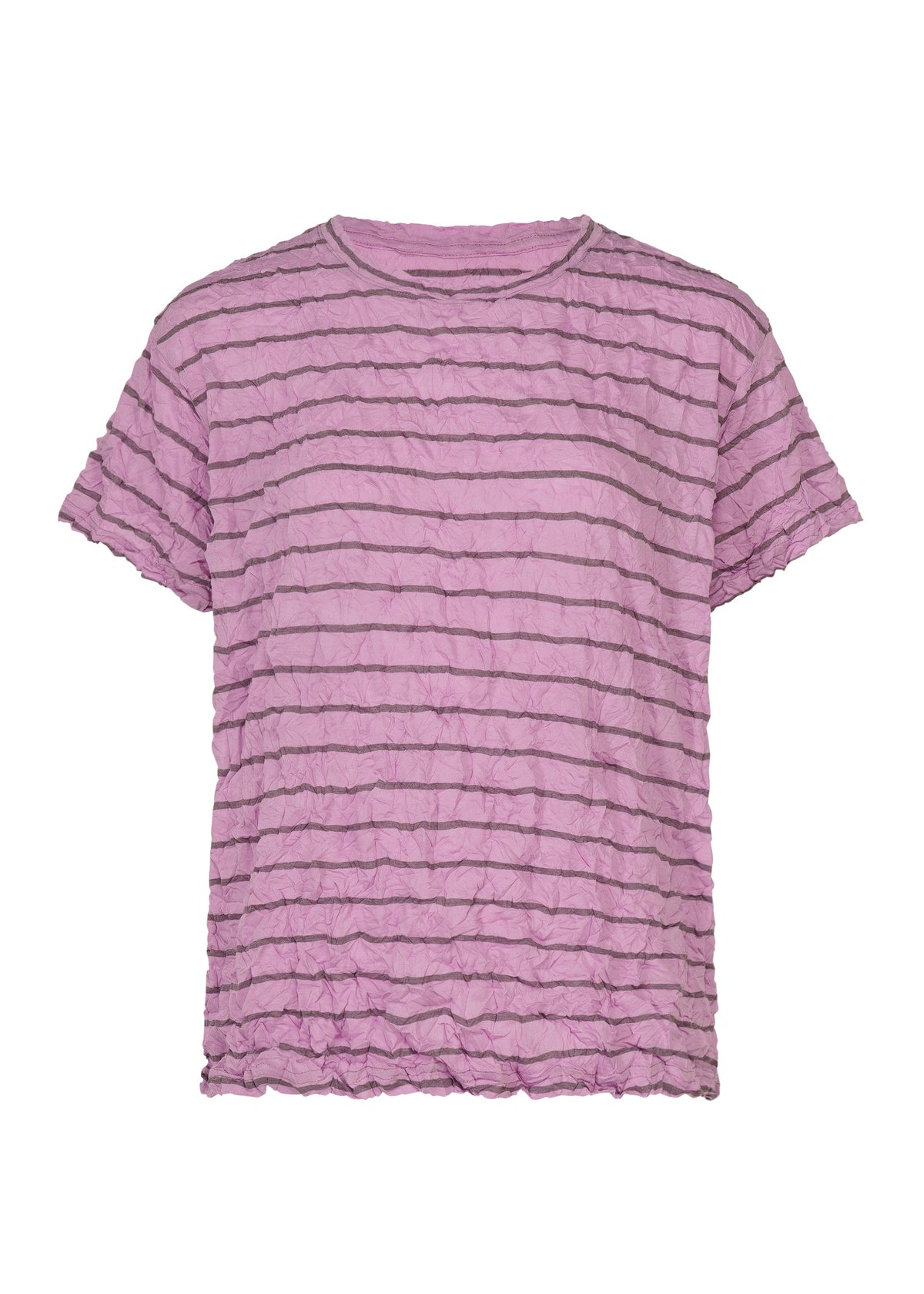 The STRIPE MERINGUE T-SHIRT by me ISSEY MIYAKE is a short-sleeved, light purple round-neck top with thin, horizontal dark stripes and a crushed finish on soft polyester jersey, displayed against a plain white background. view 2 of 7