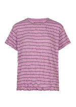 The STRIPE MERINGUE T-SHIRT by me ISSEY MIYAKE is a short-sleeved, light purple round-neck top with thin, horizontal dark stripes and a crushed finish on soft polyester jersey, displayed against a plain white background. - PINK-HUED （no.27）