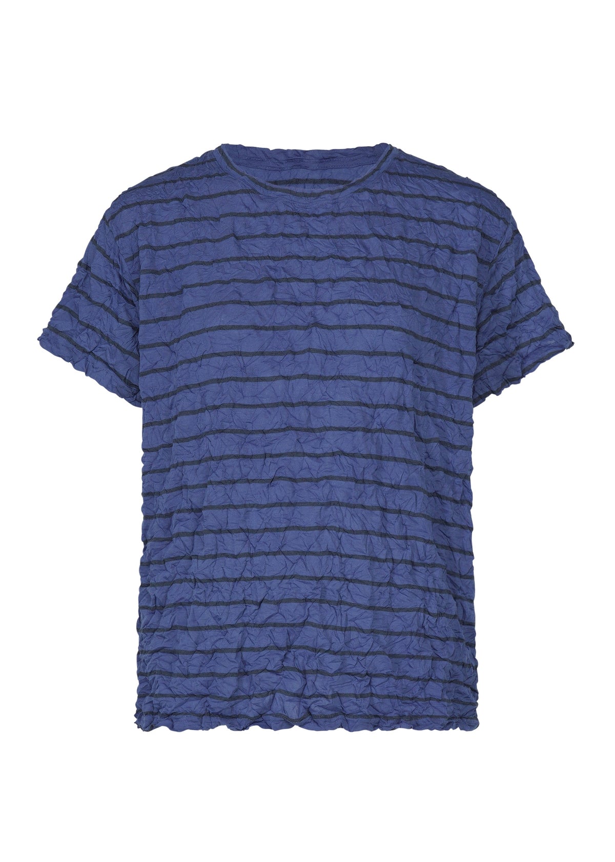 The STRIPE MERINGUE T-SHIRT by me ISSEY MIYAKE is a blue short-sleeve top made from soft polyester jersey, featuring a round neckline, textured crinkled fabric, and a horizontal stripe pattern. Displayed against a white background, this stylish shirt boasts a unique crushed finish. view 3 of 7