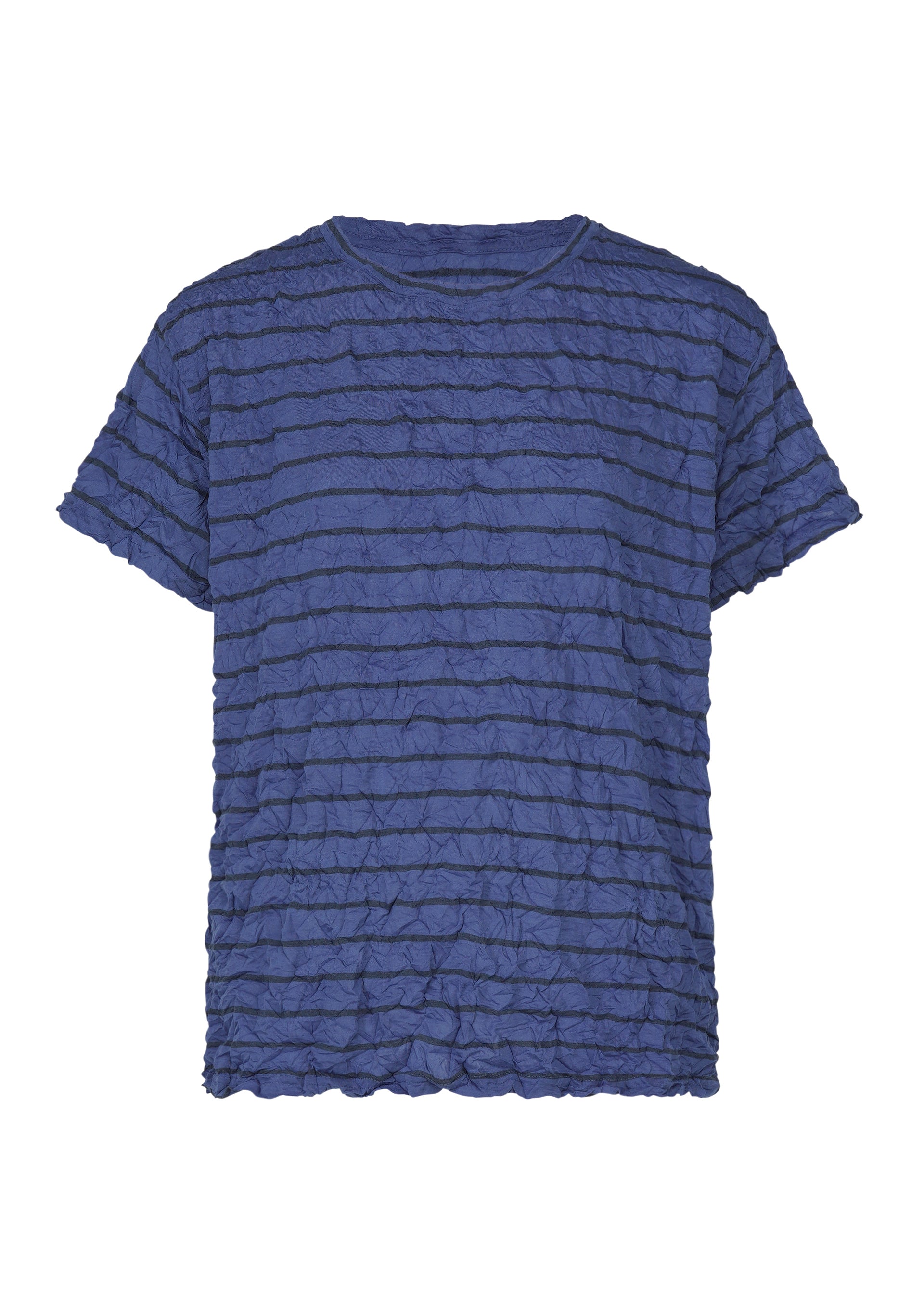 Zoomed view The STRIPE MERINGUE T-SHIRT by me ISSEY MIYAKE is a blue short-sleeve top made from soft polyester jersey, featuring a round neckline, textured crinkled fabric, and a horizontal stripe pattern. Displayed against a white background, this stylish shirt boasts a unique crushed finish. - BLUE-HUED （no.78）
