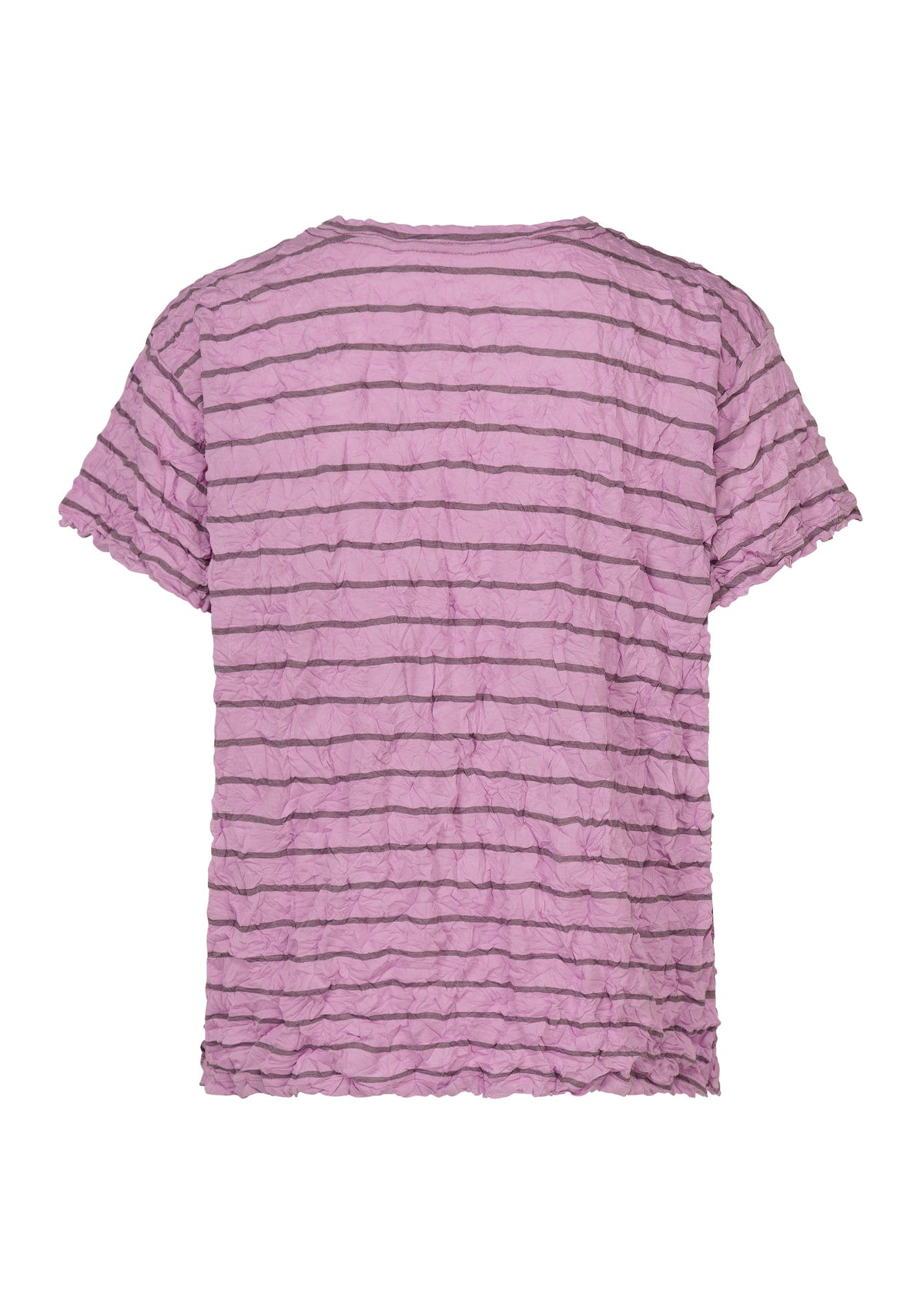 The STRIPE MERINGUE T-SHIRT by me ISSEY MIYAKE is a short-sleeved, round-neck top crafted from soft polyester jersey in a light purple shade with thin, dark horizontal stripes and a distinctive crushed finish, shown from the back against a plain white background. view 4 of 7