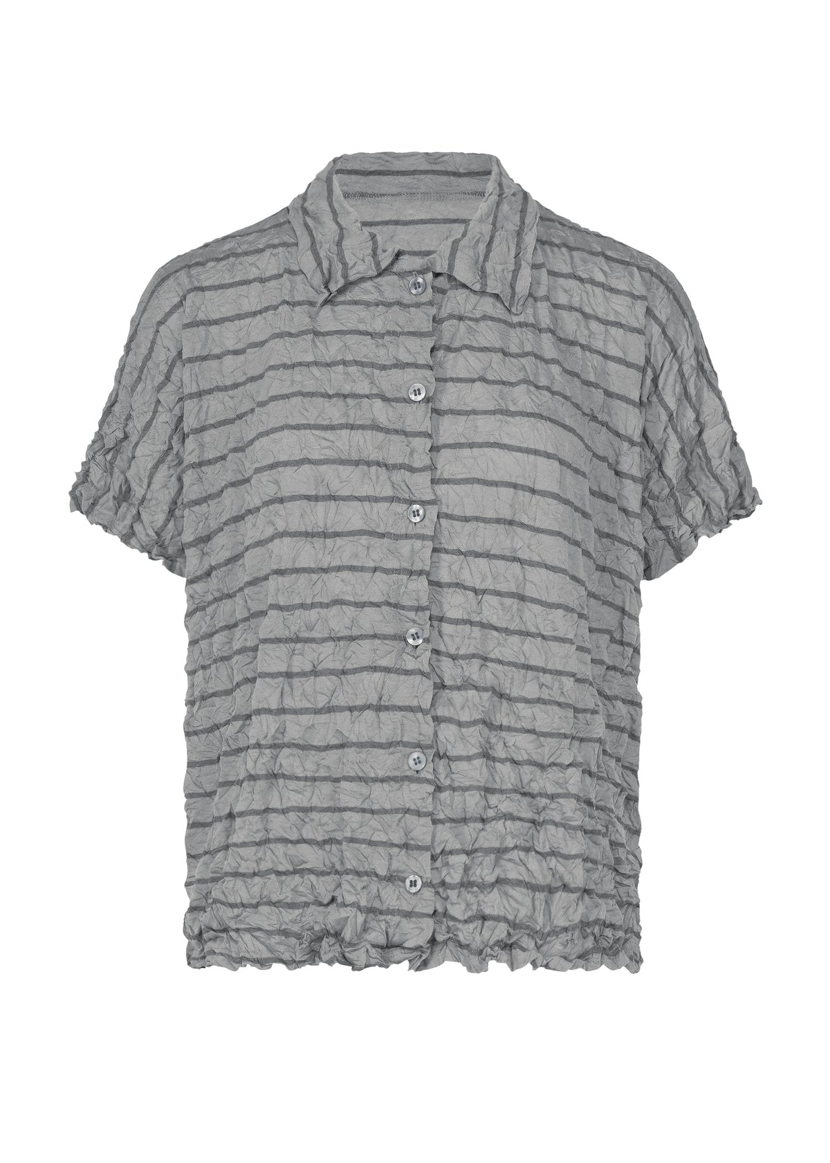 The STRIPE MERINGUE T-SHIRT from me ISSEY MIYAKE is a short-sleeved, button-up shirt crafted from lightweight fabric with a crushed finish. It features a horizontal striped pattern in shades of gray, a collar, and a slightly cropped hem for a modern touch. view 1 of 7