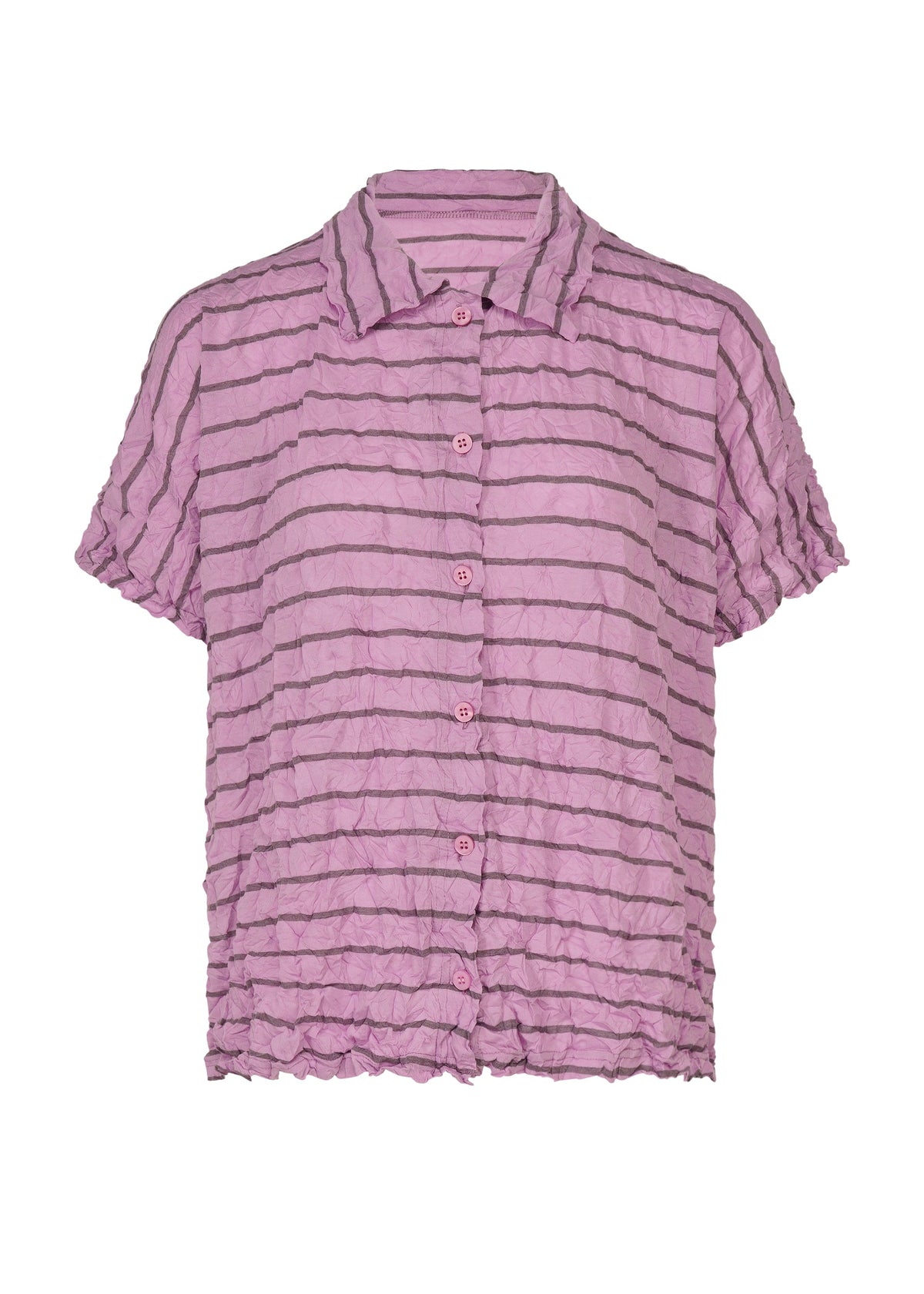 A STRIPE MERINGUE T-SHIRT by me ISSEY MIYAKE, featuring short sleeves, a button-up front, a pink hue with horizontal dark stripes, and a crinkled crushed finish texture, is displayed against a white background. view 2 of 7
