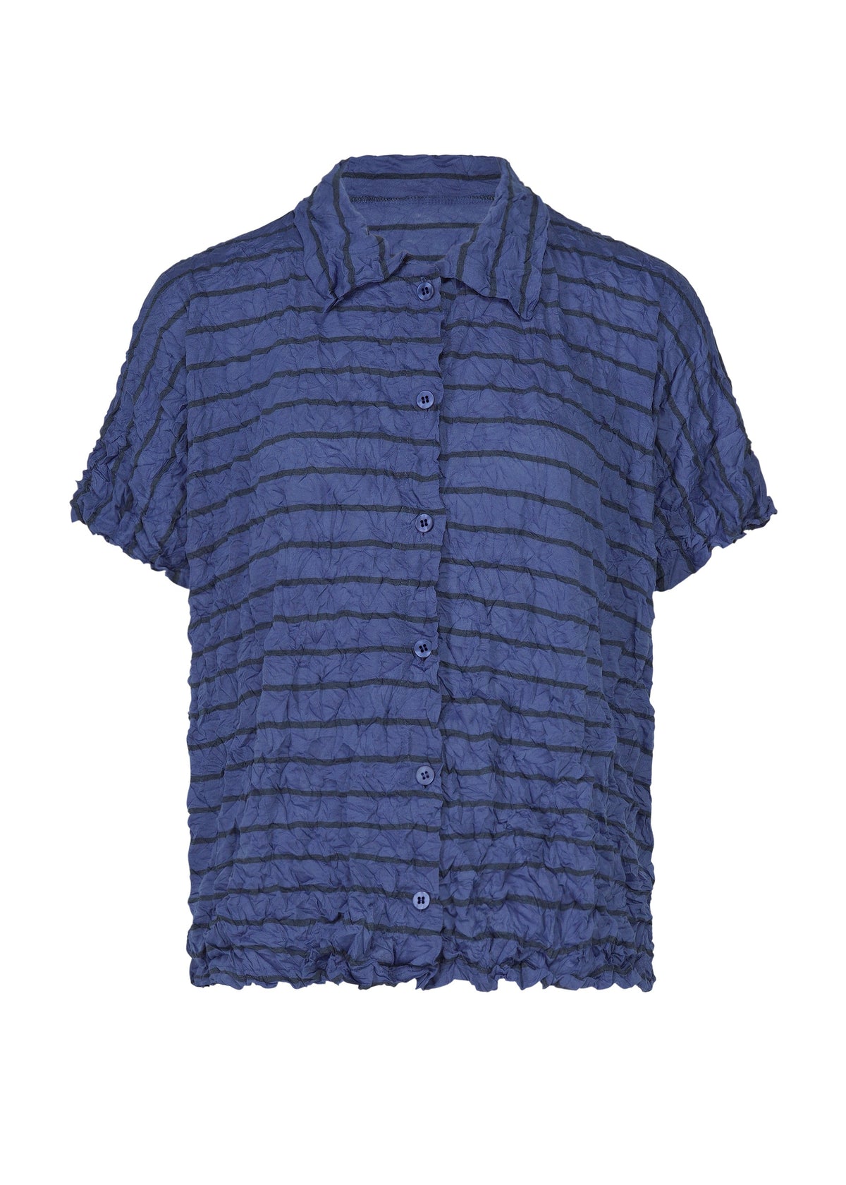 The STRIPE MERINGUE T-SHIRT by me ISSEY MIYAKE is a short-sleeved, blue button-up shirt featuring a collar and a crinkled horizontal striped pattern, displayed against a white background. view 3 of 7