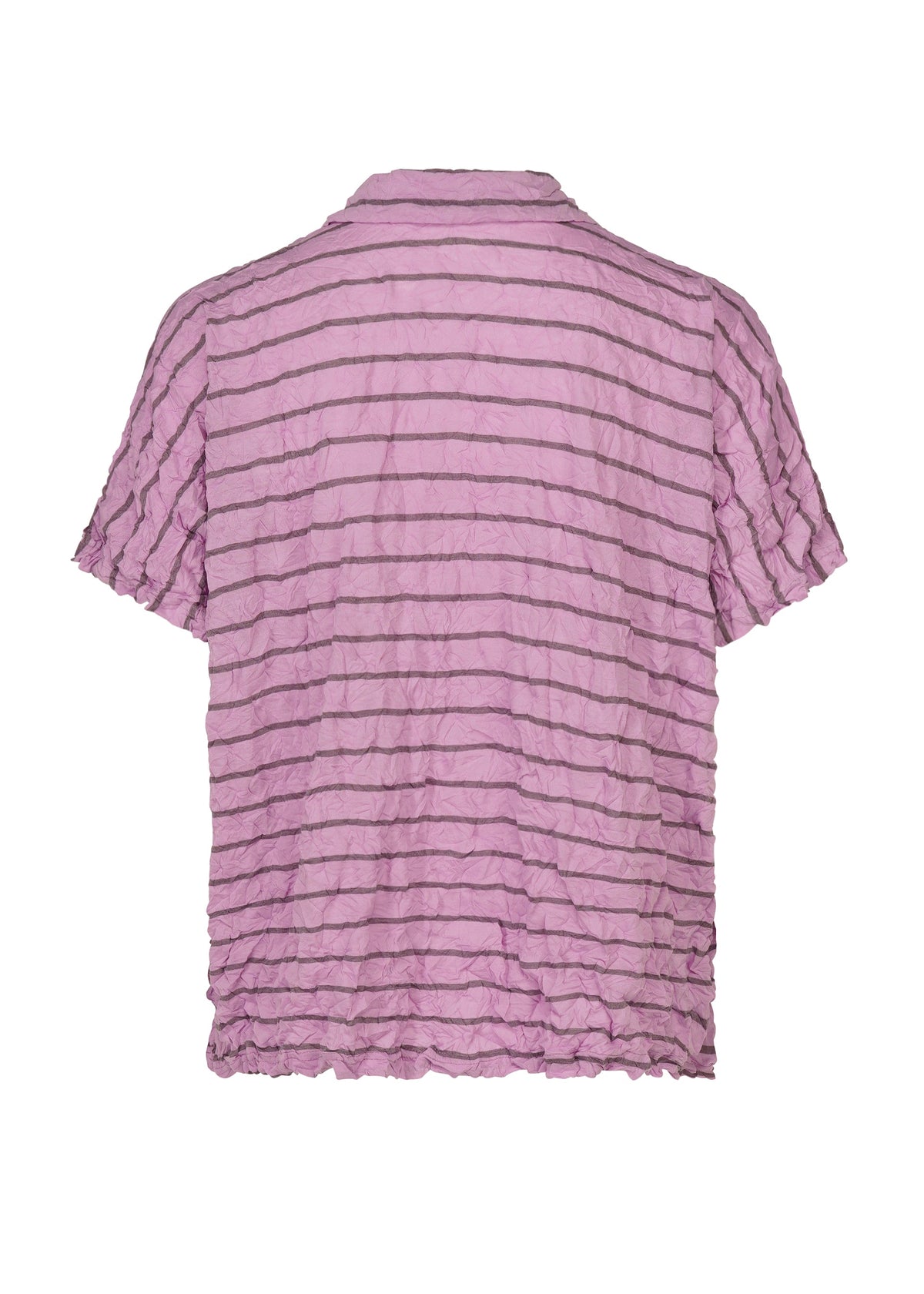The STRIPE MERINGUE T-SHIRT by me ISSEY MIYAKE is a light purple, short-sleeved shirt featuring dark horizontal stripes and a distinctive crushed, crinkled texture. It offers a relaxed fit and is finished with a simple collar. view 4 of 7