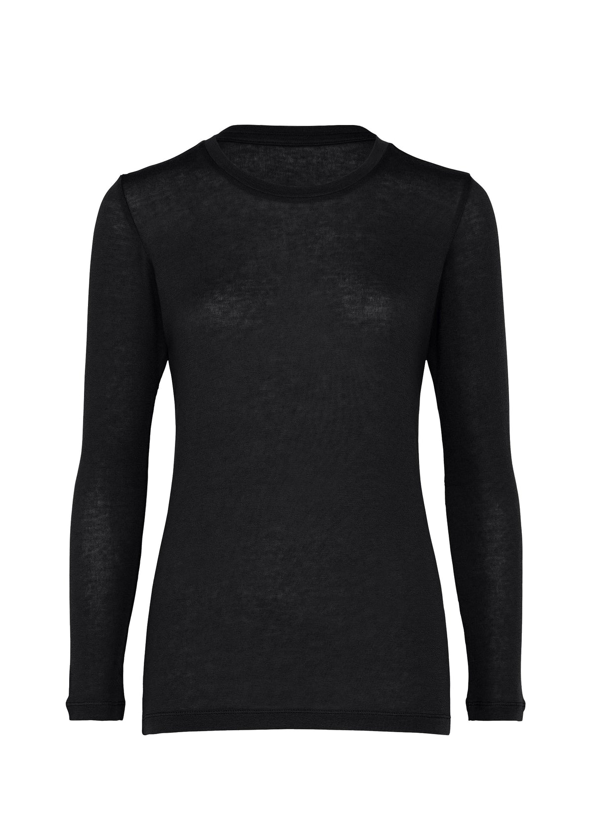 The WOOL MIX JERSEY by me ISSEY MIYAKE is a plain black, long-sleeved wool blend top with a classic crew neckline, shown on a white background. view 1 of 8