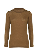 The WOOL MIX JERSEY by me ISSEY MIYAKE is a sheer, long-sleeved brown wool blend top with a round neckline. Lightweight and semi-transparent, shown on a plain white background. - BROWN （no.44）