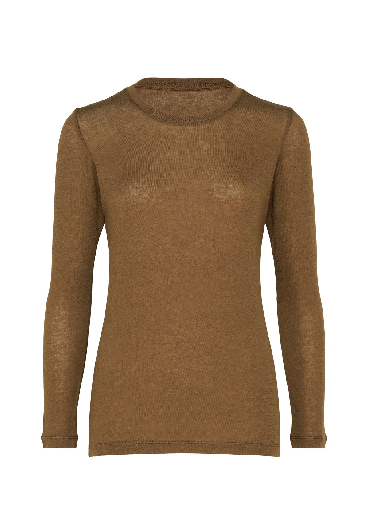 Zoomed view The WOOL MIX JERSEY by me ISSEY MIYAKE is a sheer, long-sleeved brown wool blend top with a round neckline. Lightweight and semi-transparent, shown on a plain white background. - BROWN （no.44）