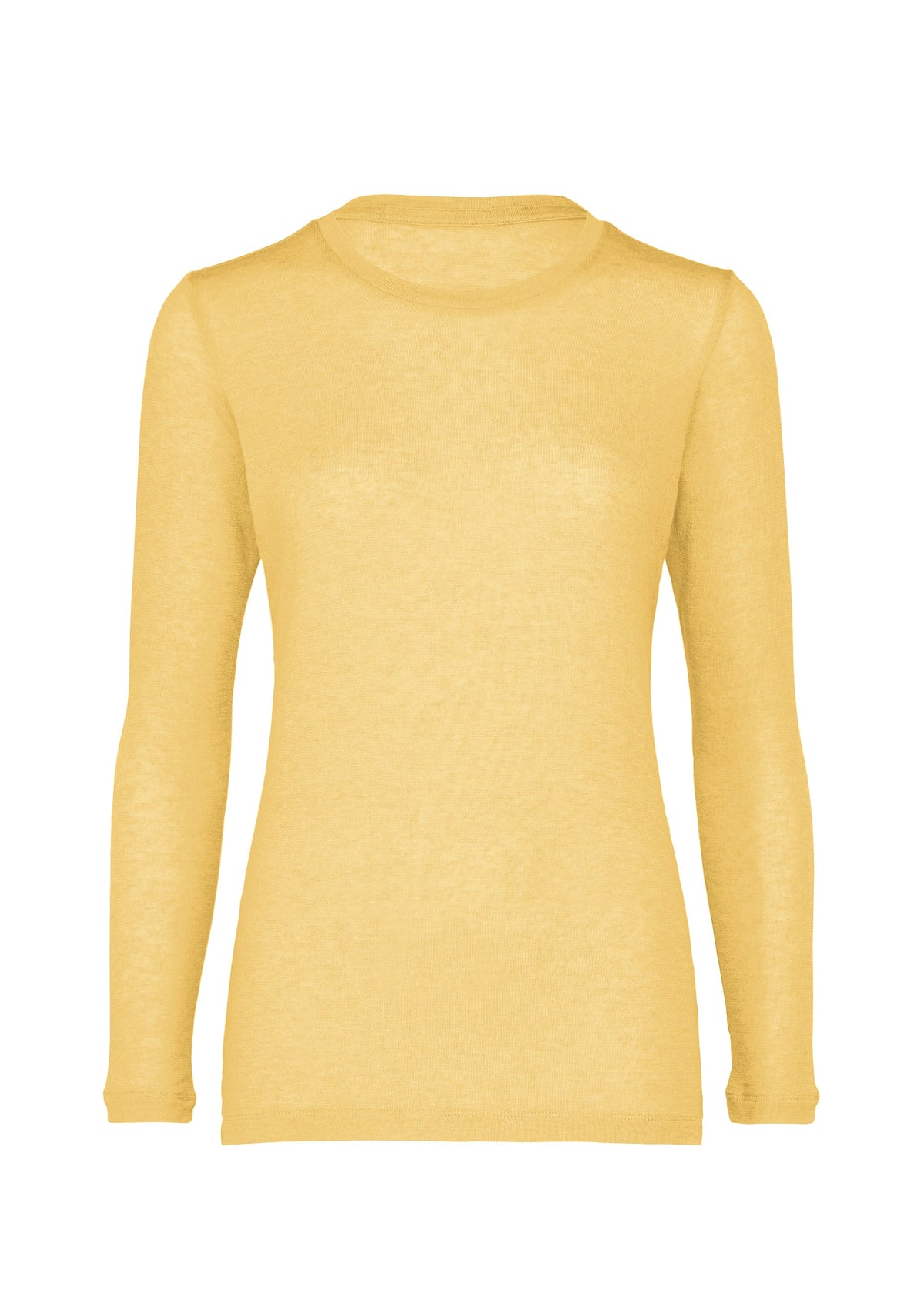 Zoomed view The WOOL MIX JERSEY by me ISSEY MIYAKE, a plain long-sleeved light yellow round-neck shirt, is displayed on a white background. - CREAM YELLOW （no.50）