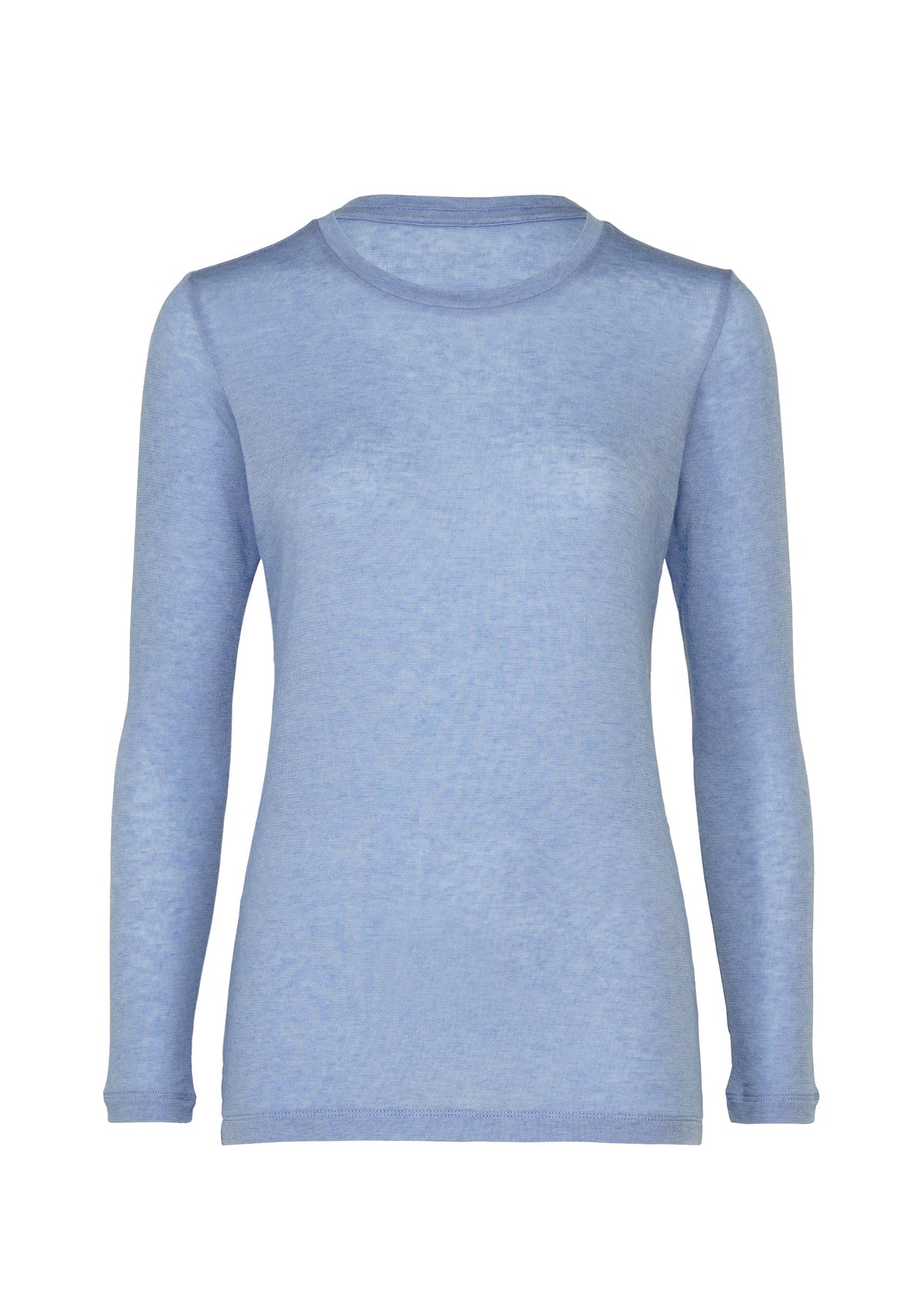 The WOOL MIX JERSEY by me ISSEY MIYAKE is a light blue, long-sleeved, round-neck shirt made from thin, slightly sheer fabric, shown against a white background. view 4 of 8