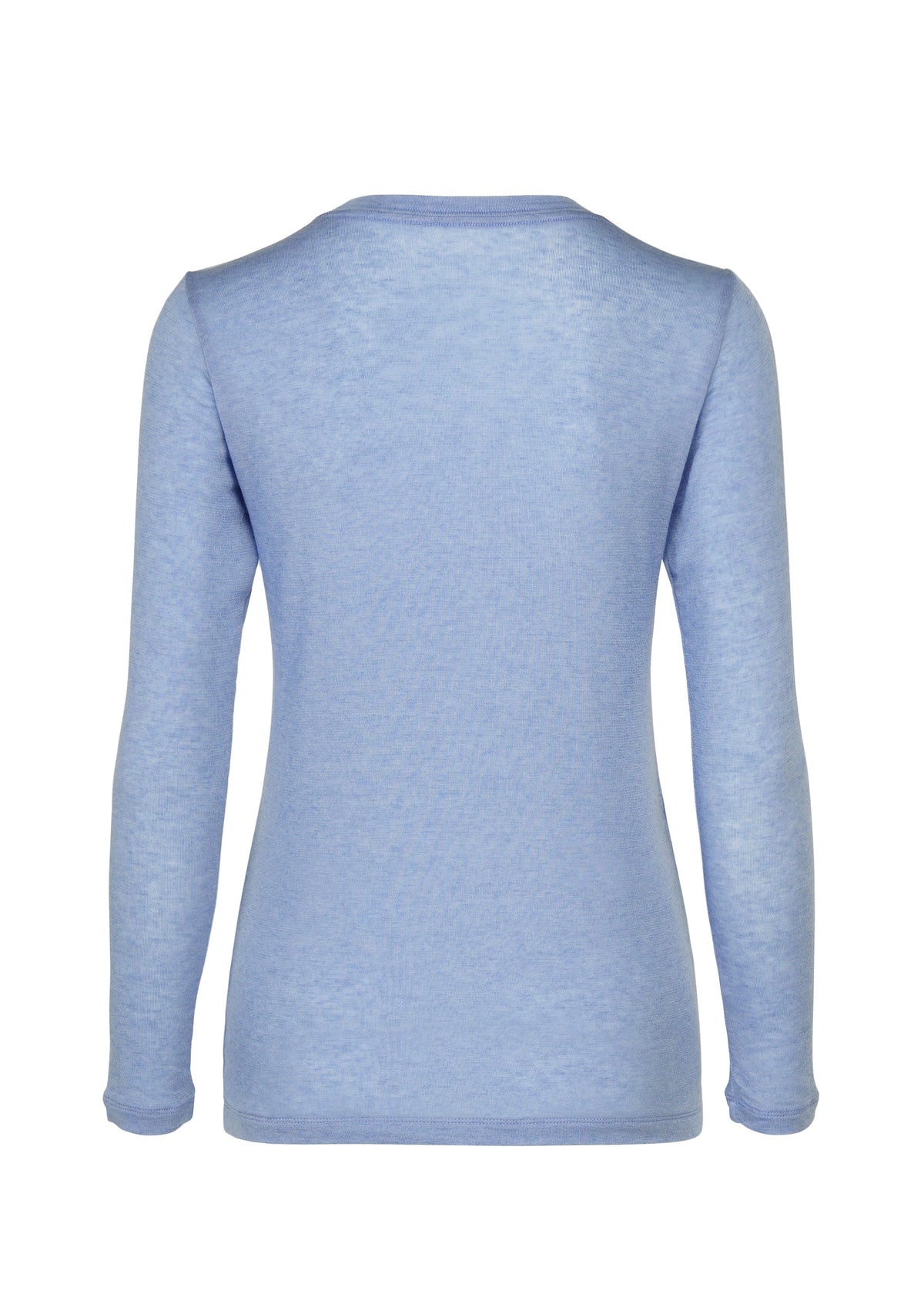 Zoomed view The WOOL MIX JERSEY by me ISSEY MIYAKE is a light blue, long-sleeved wool blend top with a round neck, displayed from the back on a white background.