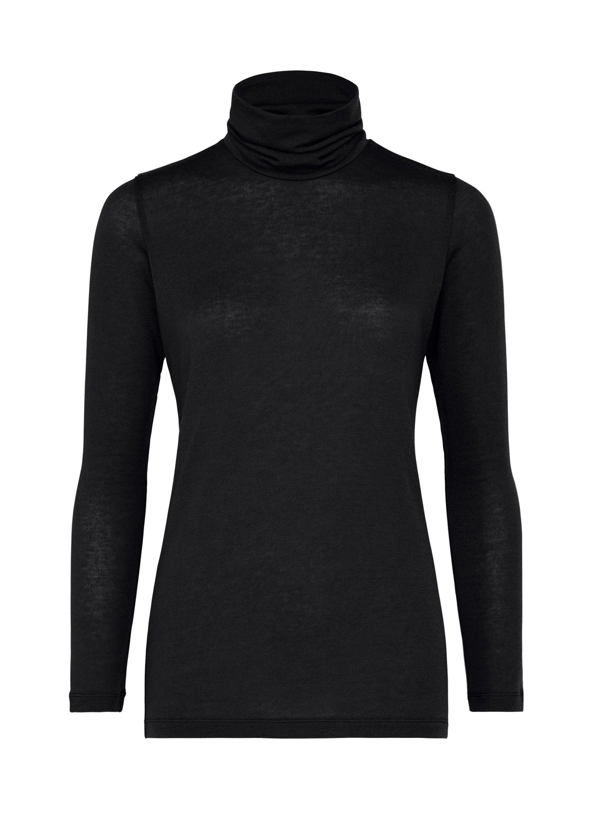 Zoomed view The WOOL MIX JERSEY by me ISSEY MIYAKE is a black, long-sleeved, high-neck shirt shown from the front on a plain white background with no visible patterns or logos. - BLACK （no.15）