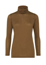 The WOOL MIX JERSEY by me ISSEY MIYAKE is a brown, long-sleeved, sheer wool-blend top featuring a high-neck design, shown on a plain white background. - BROWN （no.44）
