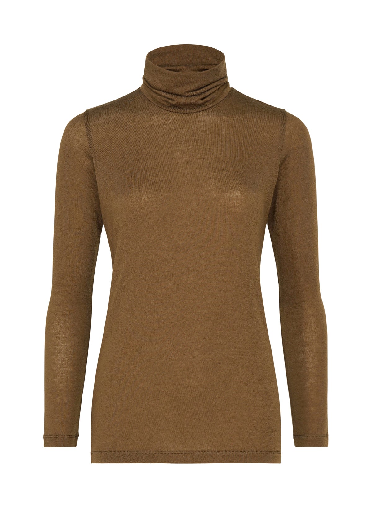Zoomed view The WOOL MIX JERSEY by me ISSEY MIYAKE is a brown, long-sleeved, sheer wool-blend top featuring a high-neck design, shown on a plain white background. - BROWN （no.44）