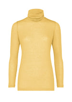 The WOOL MIX JERSEY by me ISSEY MIYAKE, a plain yellow long-sleeved high-neck sweater, is shown against a white background. - CREAM YELLOW （no.50）