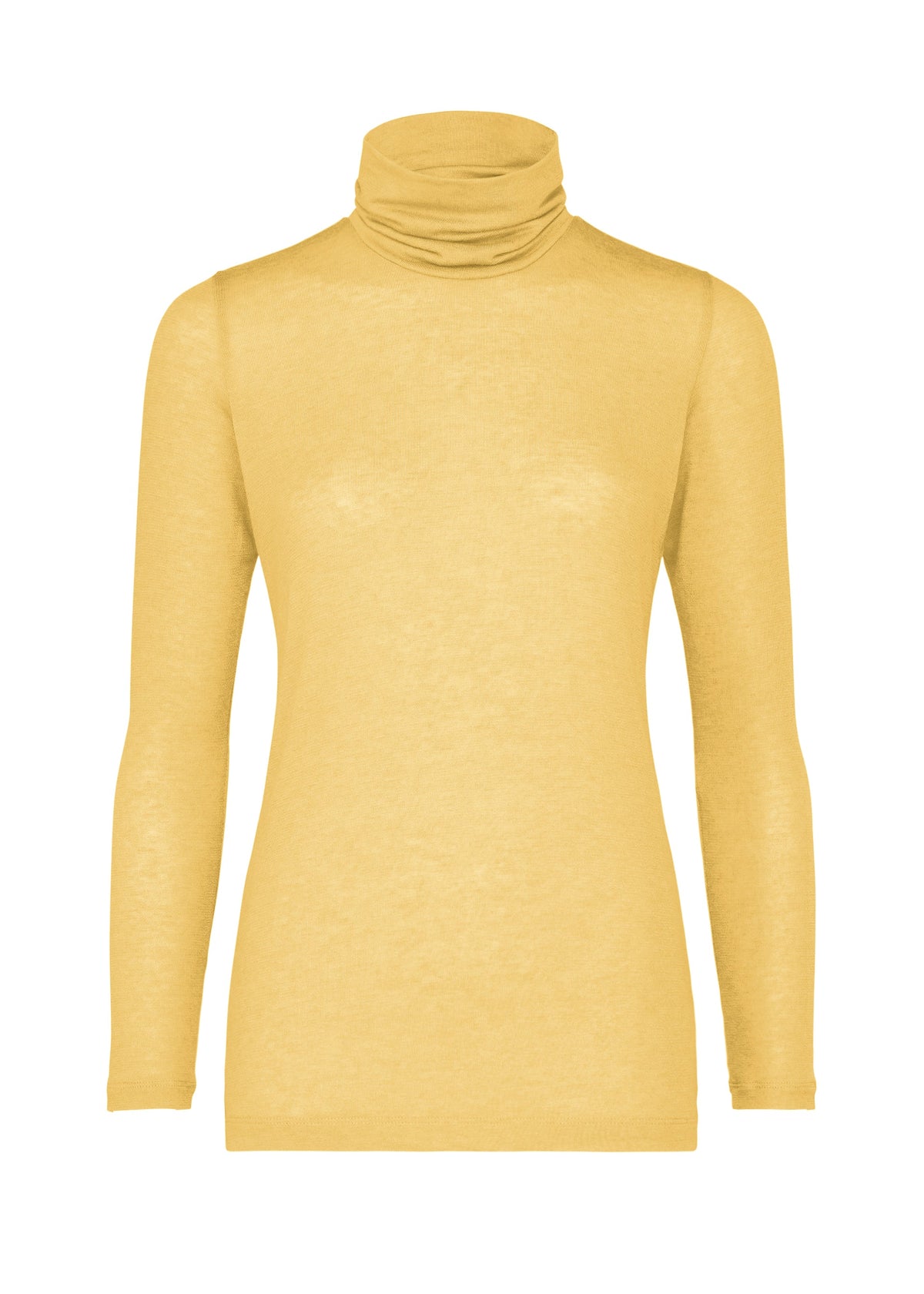 Zoomed view The WOOL MIX JERSEY by me ISSEY MIYAKE, a plain yellow long-sleeved high-neck sweater, is shown against a white background. - CREAM YELLOW （no.50）