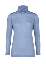 The WOOL MIX JERSEY by me ISSEY MIYAKE is a light blue, long-sleeved fitted top with a high neckline, crafted from soft, slightly sheer wool blend fabric and shown on a plain white background. - LAVENDER （no.73）