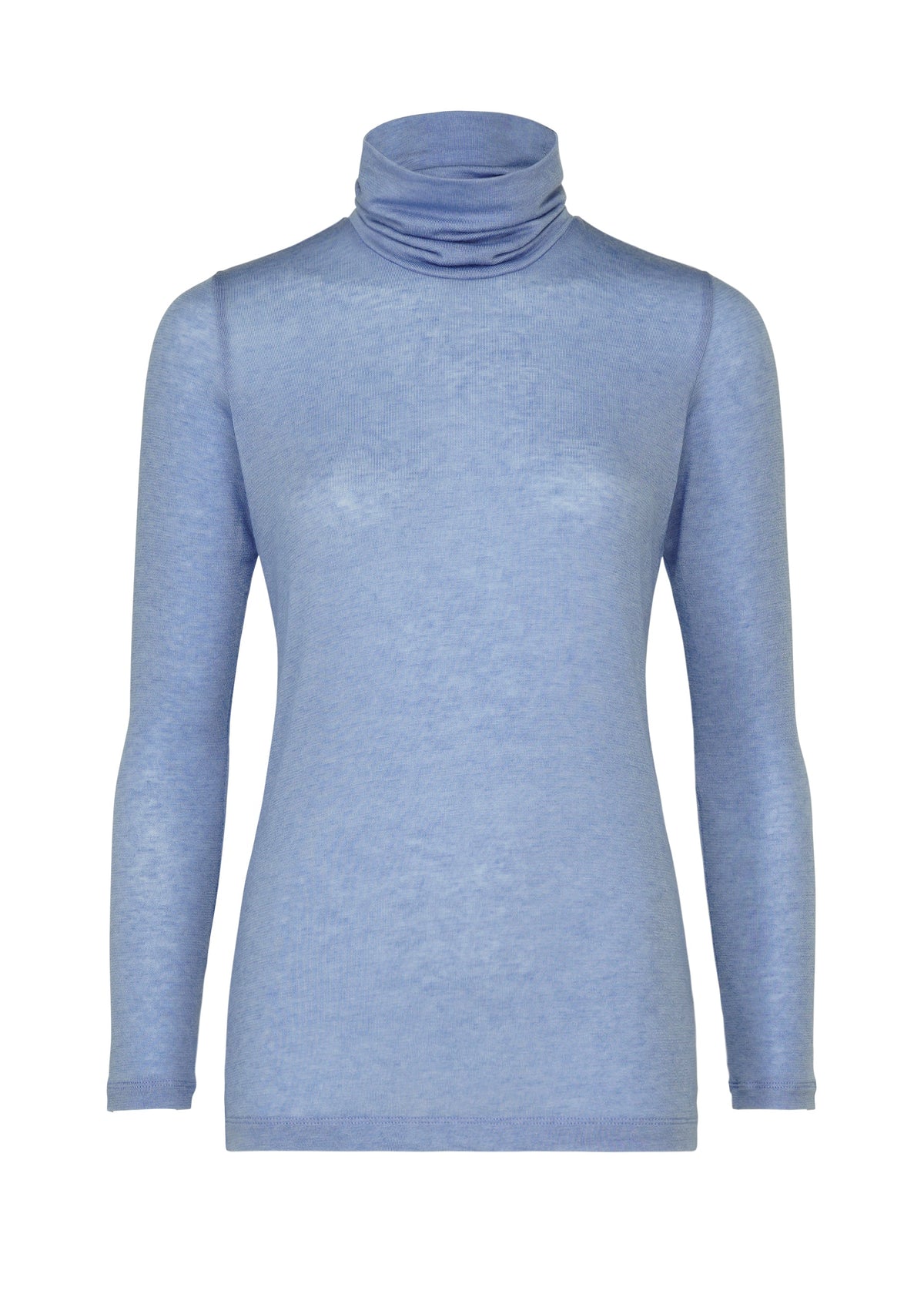 Zoomed view The WOOL MIX JERSEY by me ISSEY MIYAKE is a light blue, long-sleeved fitted top with a high neckline, crafted from soft, slightly sheer wool blend fabric and shown on a plain white background. - LAVENDER （no.73）