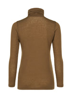 WOOL MIX JERSEY by me ISSEY MIYAKE, a brown long-sleeved high-neck top in lightweight, slightly sheer wool blend, shown from the back against a white background with a fitted silhouette and no visible details.