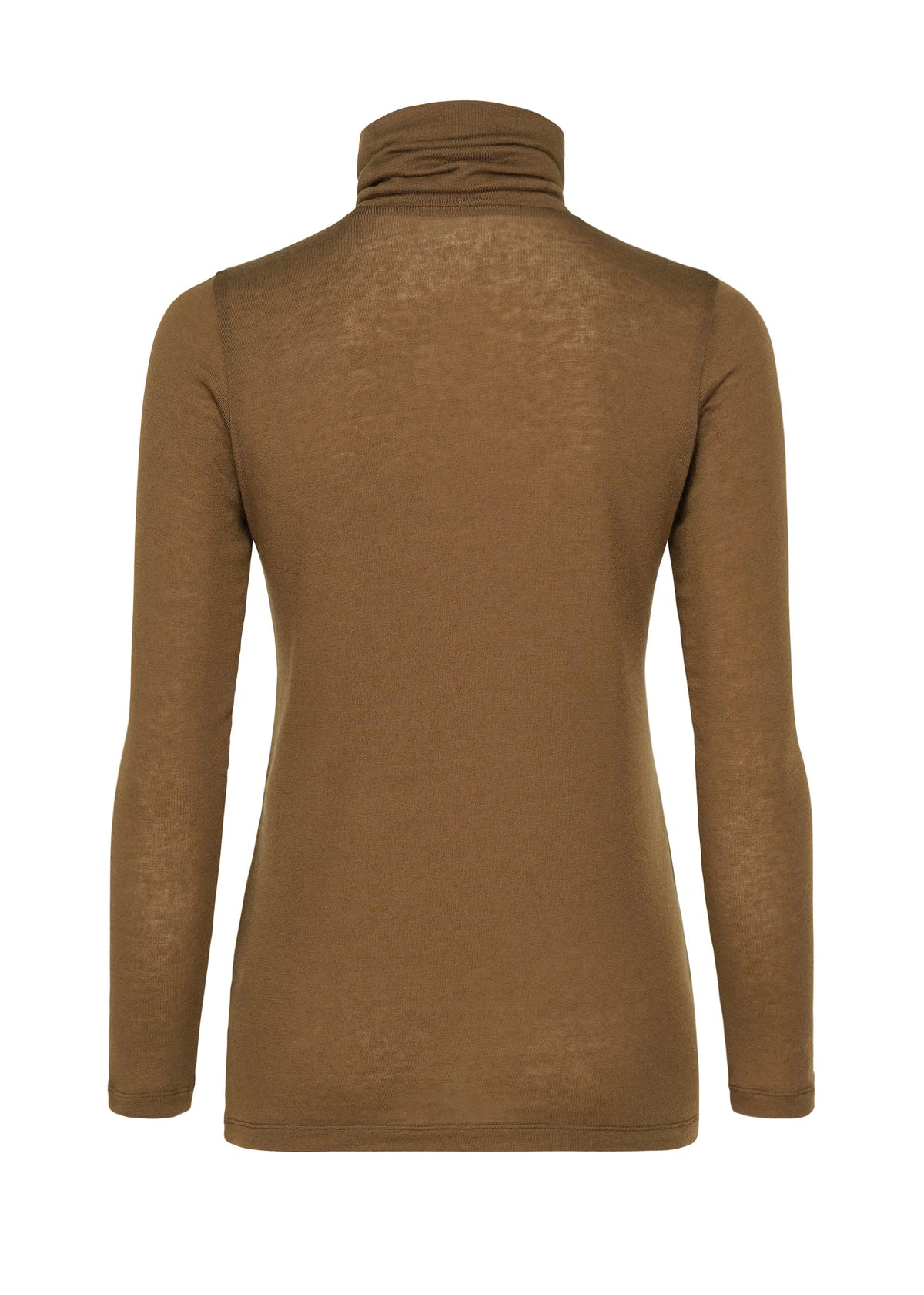 Zoomed view WOOL MIX JERSEY by me ISSEY MIYAKE, a brown long-sleeved high-neck top in lightweight, slightly sheer wool blend, shown from the back against a white background with a fitted silhouette and no visible details.