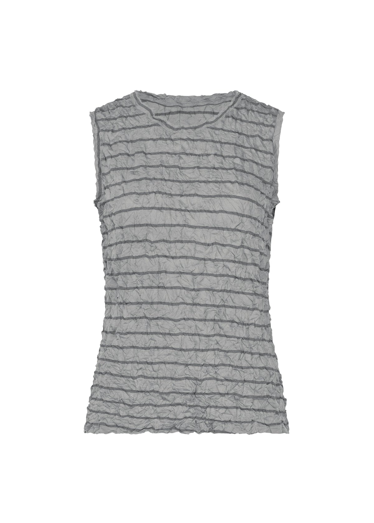 The STRIPE MERINGUE T-SHIRT by me ISSEY MIYAKE is a sleeveless gray top featuring a crushed finish and horizontal stripes, displayed against a white background. view 1 of 7
